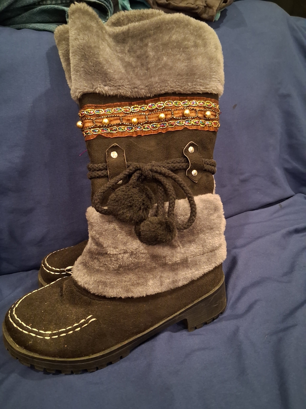 Embellished Faux-Fur Winter Boots - Brown and Gray